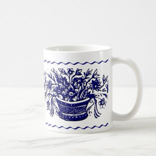 Blue White Rustic Blume Basket and Border Tasse