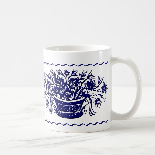 Blue White Rustic Blume Basket and Border Tasse (Rechts)
