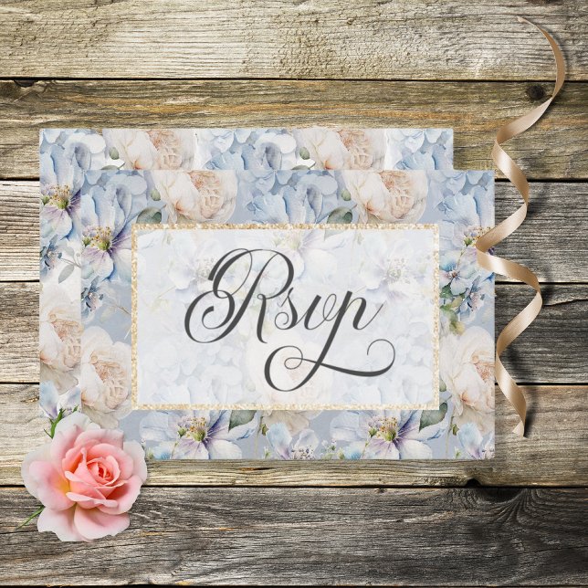 Blue & White Rustic Floral Gold Rahmen Wedding RSV RSVP Karte (Von Creator hochgeladen)