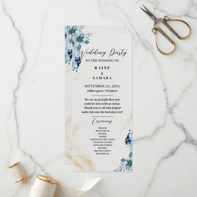 Blue & White Rustic Floral Wedding Party Programm (Vorderseite/Rückseite Beispiel)