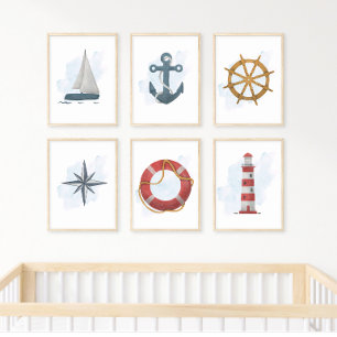 Blue White Sailboat Nautical Ocean Thema Poster