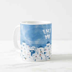 Blue & White Santorini Griechenland Monogram Kaffeetasse
