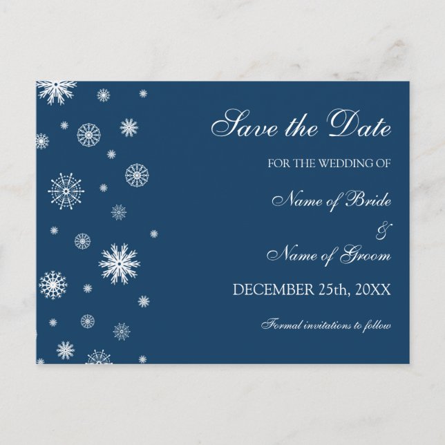 Blue White Save the Date Winter Wedcard Ankündigungspostkarte (Vorderseite)