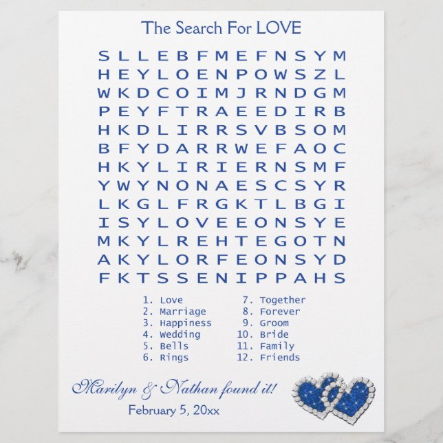 Blue, White "Search for Liebe" Wordsearch Game (Vorderseite)