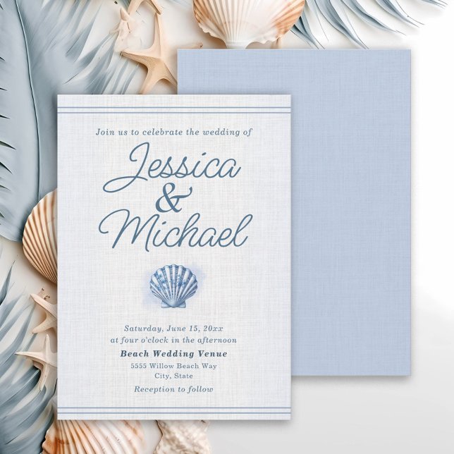 Blue White Seashell Nautical Beach Wedding Einladung (Blue and white seashell beach wedding invitation)
