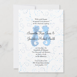 Blue & White Seepferd Pointillism Custom Wedding Einladung