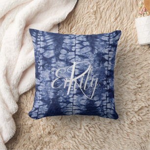 Blue & White Shibori Blätter Gefärbte Krawatte Mon Kissen