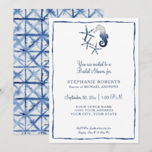 Blue White Shibori Seepferd Starfish Beach Bridal Einladung