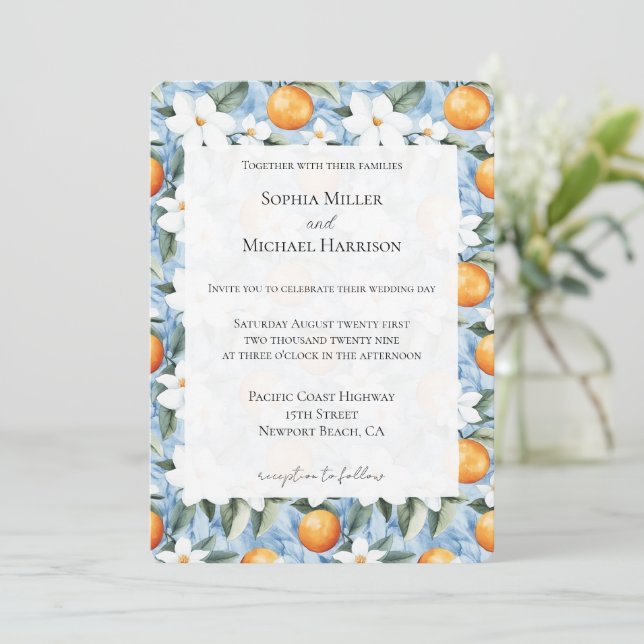 Blue White Sicilian Summer Floral Orange Wedding Einladung (Stehend Vorderseite)