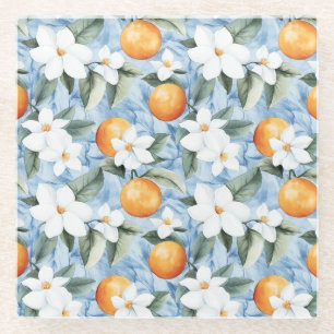 Blue White Sicilian Summer Floral Orange Wedding Glasuntersetzer