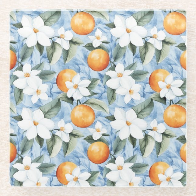 Blue White Sicilian Summer Floral Orange Wedding Glasuntersetzer (Vorderseite)
