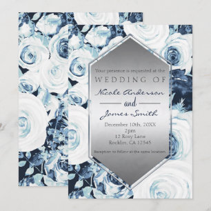 Blue White Silver Winter Hochzeit Vintage Rose Einladung