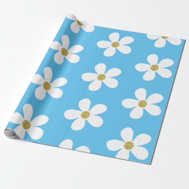 Blue White Simple Daisy Gold Geschenkpapier (Ungerollt)