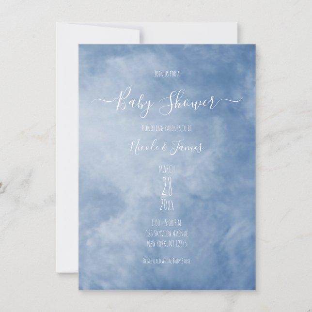 Blue & White Sky Clouds Celestial Baby Shower Einladung (Vorderseite)