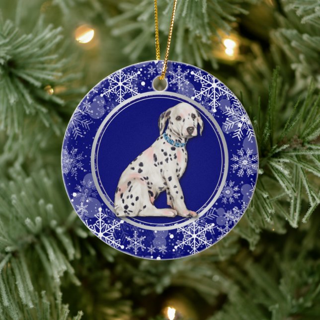 Blue White Snowflake Dalmatiner Puppy Keramik Ornament (Baum)
