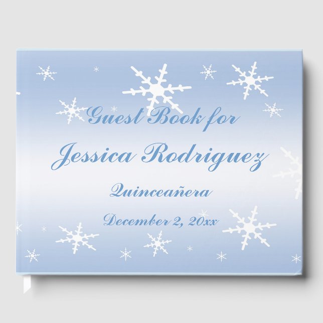 Blue White Snowflake Winter Quinceñera Gästebuch (Vorderseite)