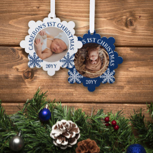Blue White Snowflakes Baby's 1. Weihnachten Ornament Karte