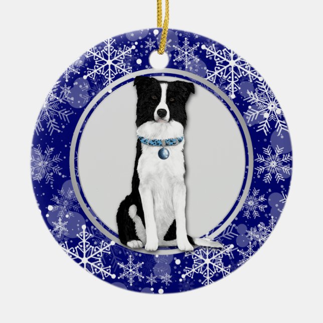 Blue White Snowflakes Border Collie Weihnachten Keramik Ornament (Vorne)