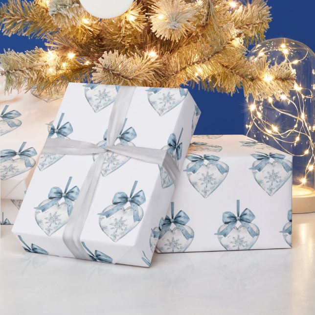 Blue White Snowflakes Bows Hearts Christmas Geschenkpapier (Feiertage)