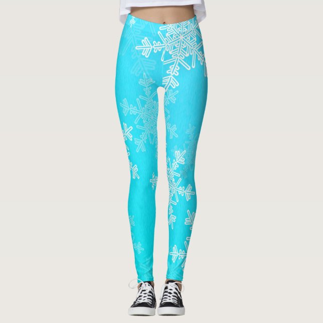 Blue White Snowflakes Minimalistisch Weihnachten Leggings (Vorderseite)