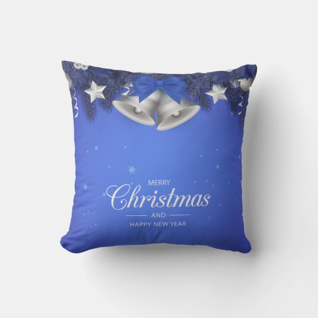 Blue & White Snowflakes Star Merry Christmas Bell Kissen (Vorderseite)