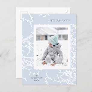 Blue & White Snowy Branches Holiday Foto Postcard Feiertagspostkarte