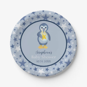 Blue & White Star Pinguin Baby Dusche Pappteller