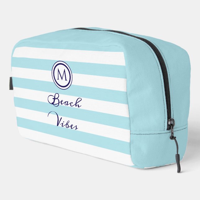 Blue & White Strip Beach Vibes Mit Monogramm Waschbeutel (Rechte Ecke)