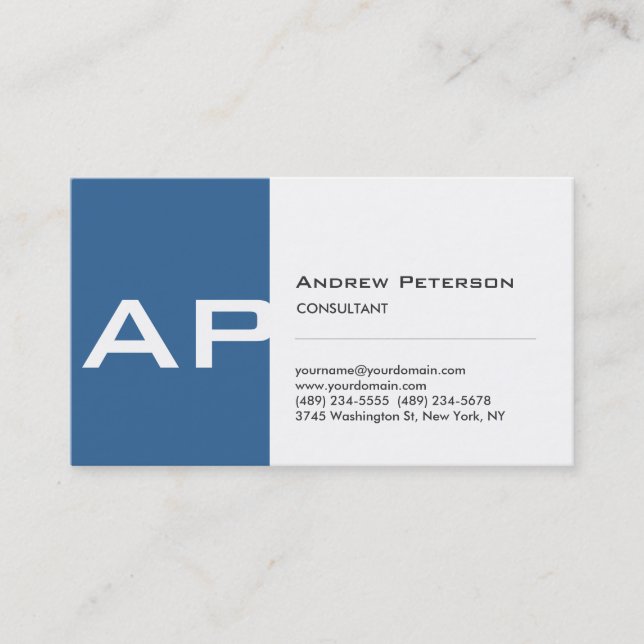 Blue White Strip Monogram Business Card Visitenkarte (Vorderseite)