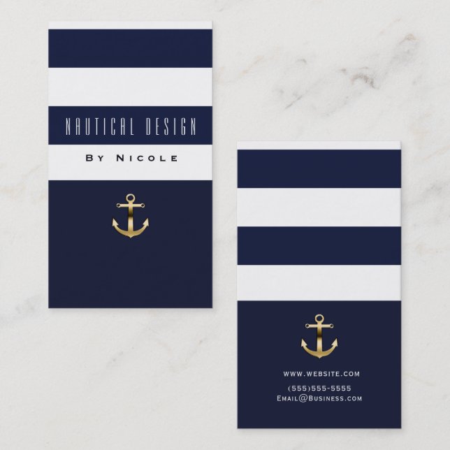 Blue & White Stripe Nautical Gold Anker Visitenkarte (Vorne/Hinten)
