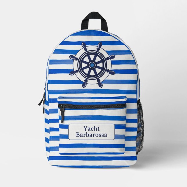 Blue White Stripes, Helm, Boat Name Bedruckter Rucksack (Vorderseite)