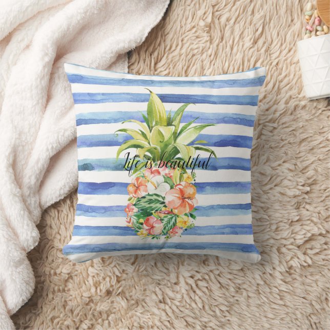 Blue White Stripes Tropical Floral Pineapple Kissen (Decke)