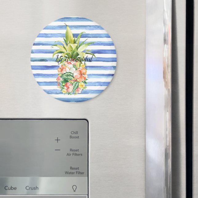 Blue White Stripes Tropical Floral Pineapple Magnet (In Situ (Kühlschrank))