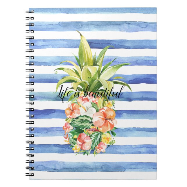 Blue White Stripes Tropical Floral Pineapple Notizblock (Vorderseite)