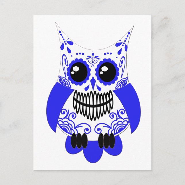 Blue White Sugar Skull Owl Postkarte (Vorderseite)