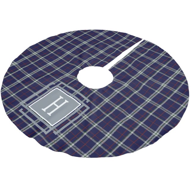 Blue white Tartan Monogram  Polyester Weihnachtsbaumdecke (Schrägansicht)