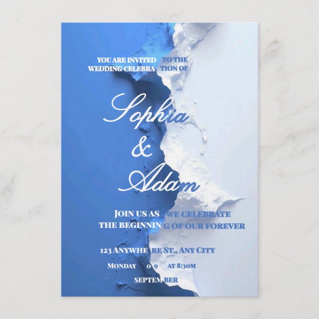 Blue & White Textured Art Wedding Invitation  Einladung (Vorderseite)
