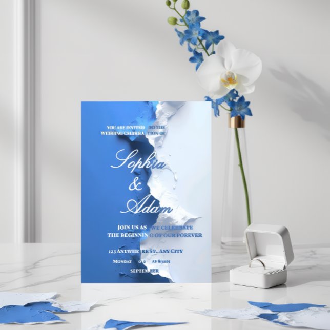 Blue & White Textured Art Wedding Invitation  Folieneinladung (Von Creator hochgeladen)