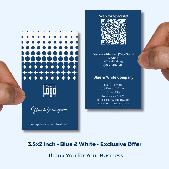 Blue White Thank You, QR Access to Special Offer Visitenkarte (Blue White Thank You, QR Access to Special Offer Business Card; Size: 3.5x2 Inch)
