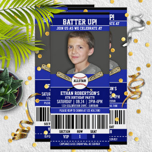 Blue White Ticket Style Baseball Geburtstagsparty Einladung