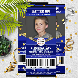 Blue|White Ticket Style Baseball Geburtstagsparty Einladung