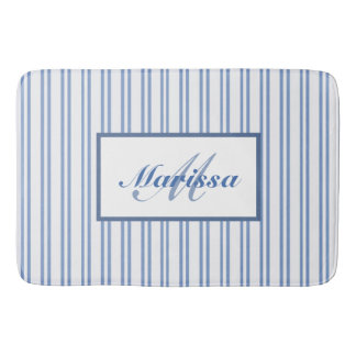 Blue White Ticking Stripes Bauernhof Mit Monogramm Badematte