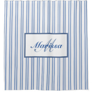 Blue White Ticking Stripes Bauernhof Mit Monogramm Duschvorhang