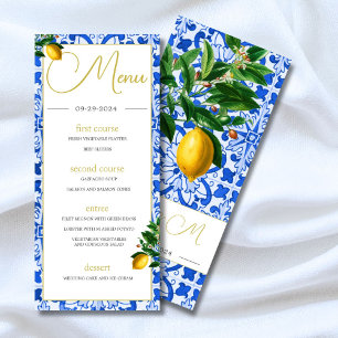 Blue White Tiles Summer Lemons Monogram Menükarte