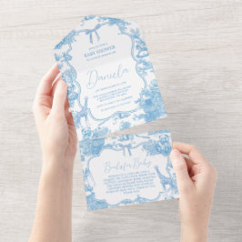 Blue White Toile de Jouy Bear Baby Dusche All In One Einladung