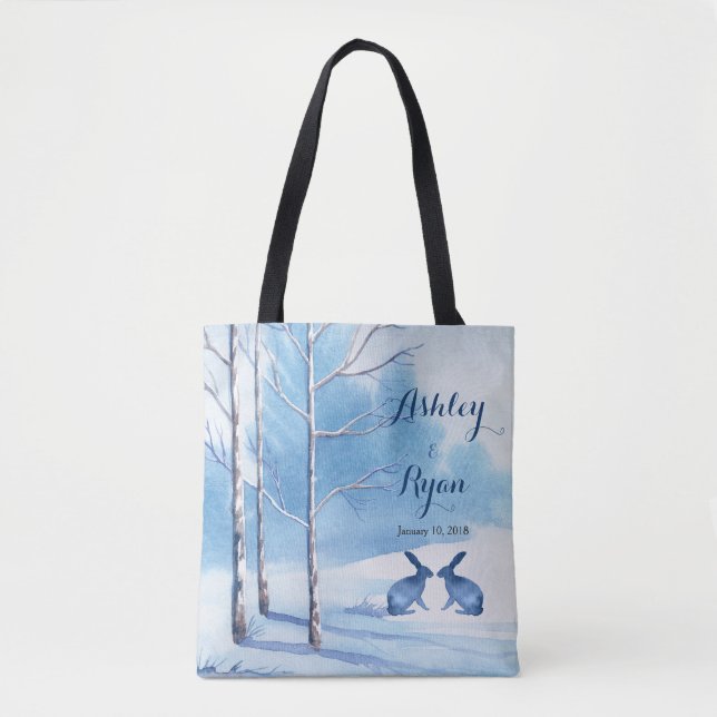 Blue White Trees Rabbits Winter Wedding Bag (Vorderseite)
