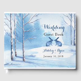 Blue White Trees Rabbits Winter Wedding Gästebuch