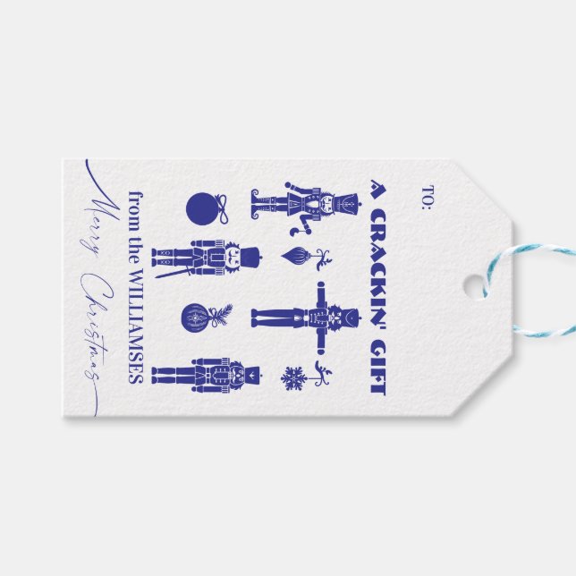 Blue & White Trendy Nutcracker Crackin' Holiday Geschenkanhänger (Vorderseite (Horizontal))