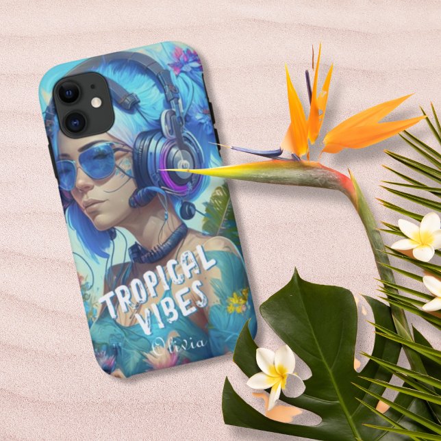 Blue White Tropical Vibes Female DJ Ilustration Case-Mate iPhone Hülle (Von Creator hochgeladen)