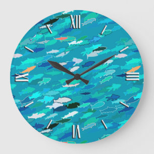 Blue, white, turquoise school of fish große wanduhr